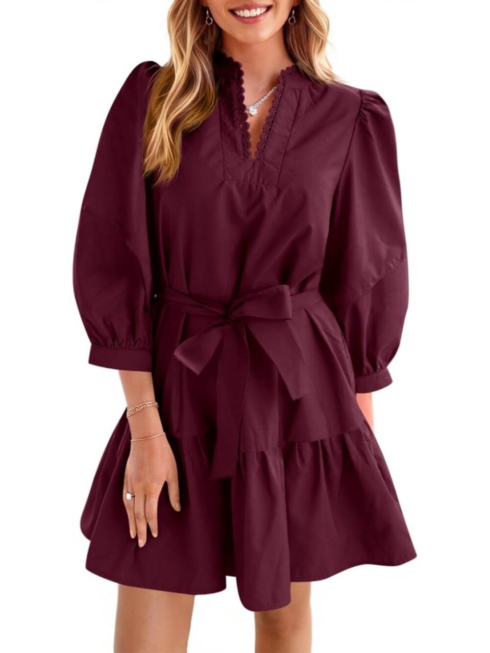 Women's Wine Red Puff 3/4 Sleeve Bow Waist V Neck Casual Trendy Mini Dress